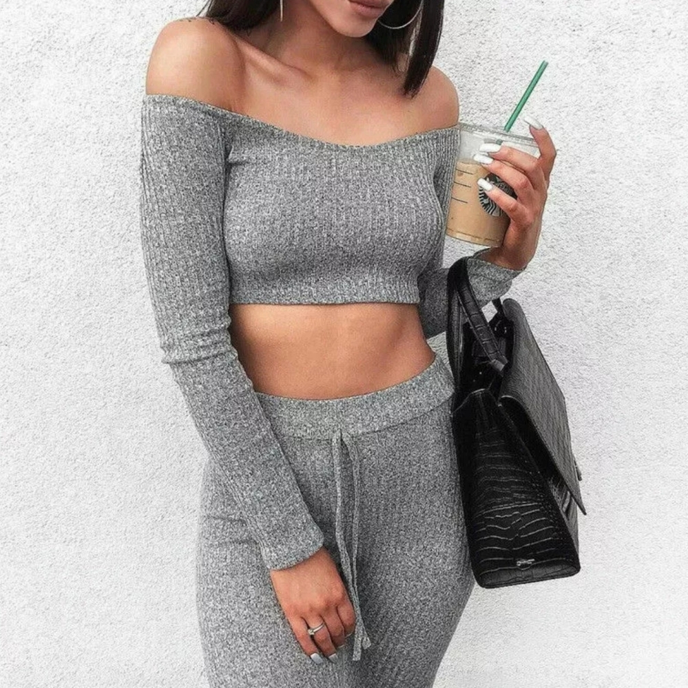 Gray Crop Top Pants Set